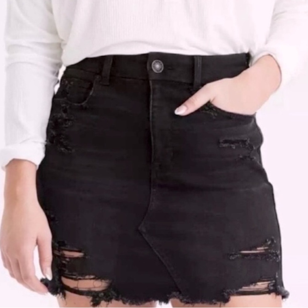 American Eagle Outfitters High Rise Mini Skirt Destroyed Charcoal Hem Fringe